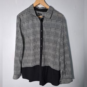 TALBOTS Women Houndstooth Top Blouse 2-Way Sleeve Black White XL Professional